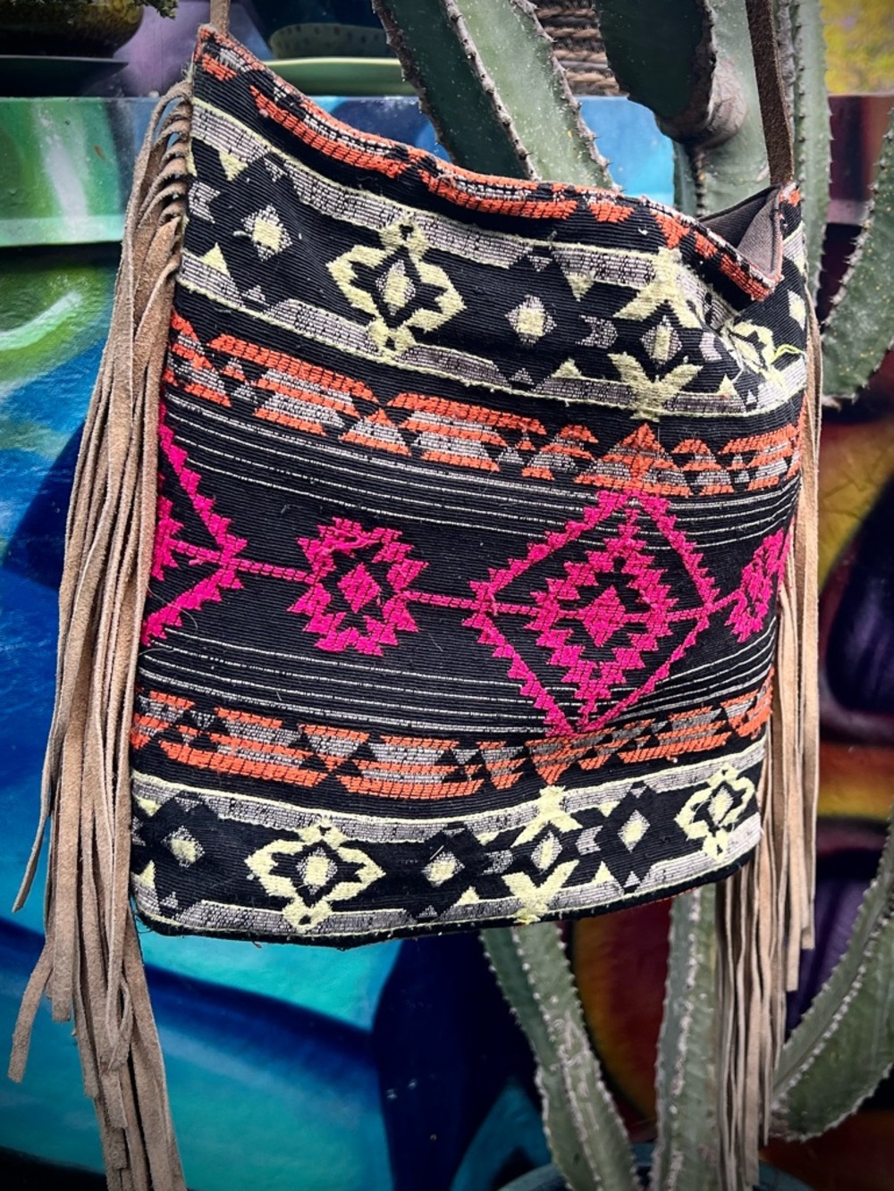 SHIRALEAH Bohemian Print Suede Fringe Bag